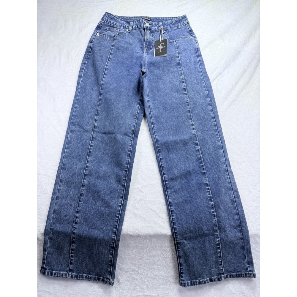 Flamingals NWT Seam Front Wide Leg Jeans Med Wash Stretch Blue Denim 29x30.5" Sm
